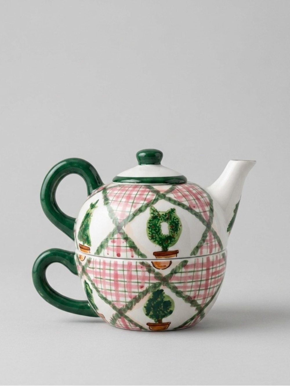 Zrike Hand Painted Tea for One Set Teapot Cup Plaid Topiary Ceramic Vintage